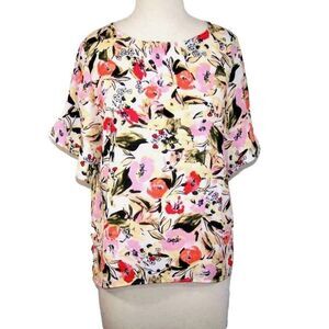 Ellen Tracy Shirt Large Floral Short Flutter Sleeves Keyhole Womens Blouse Top